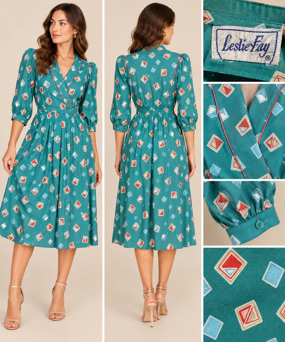 Vintage Leslie Fay Teal Geometric Midi Dress 80s 90s Secretary Puff Sleeve
